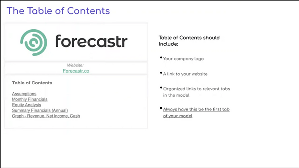 Screenshot: Financial model table of contents